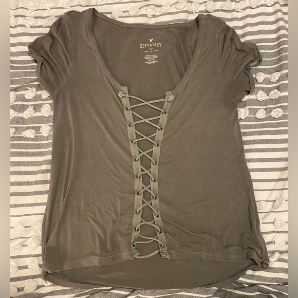 American Eagle Outfitters | Tops | American Eagle Soft Sexy Gray Lace Up T Shirt Size Small